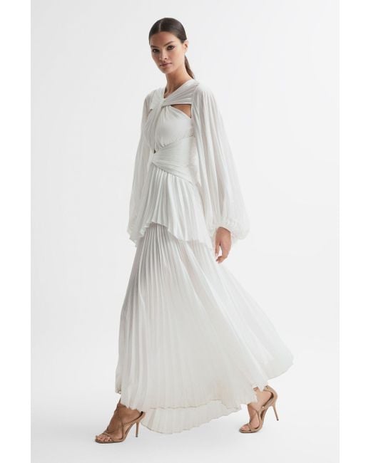 Acler White Pleated Blouson Sleeve Midi Dress