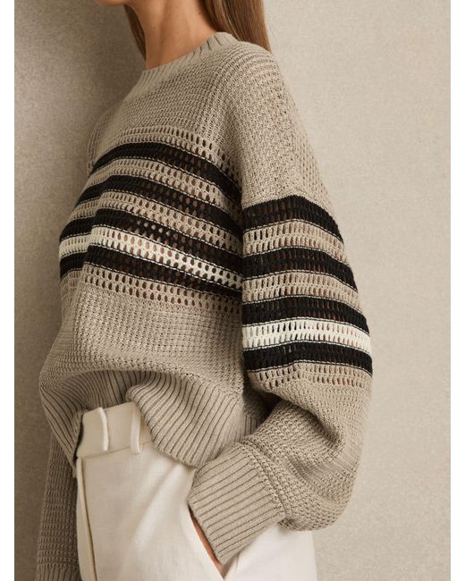 Reiss Natural Catrice - Neutral/black Linen Crochet Striped Jumper, Large (us 12-14)