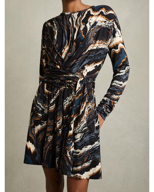 Reiss Natural Abstract Print Tie-Waist Mini Dress