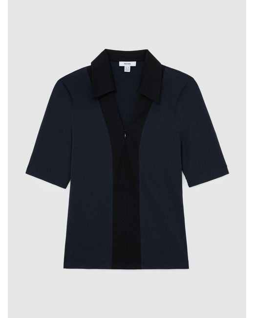 Reiss Blue Denny - Navy/black Jersey Colour-block Half-zip Polo Top, Us 10