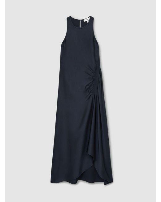 Reiss Gray Anessa - Navy Petite Satin Shirred Midi Dress, Us 2