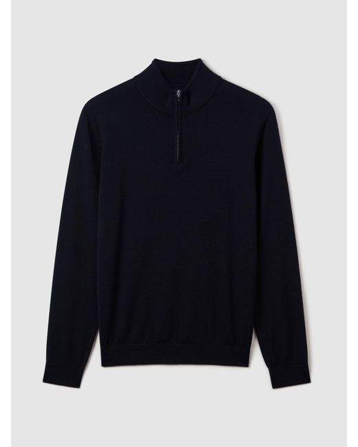 Reiss Black Merino Wool Half-Zip Funnel-Neck Jumper for men