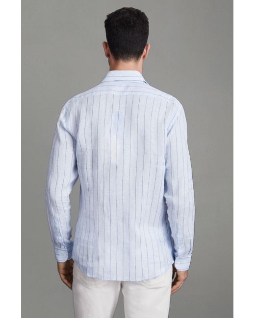 Reiss Gray Ruban - Soft Blue Pin Stripe Linen Button-through Shirt for men