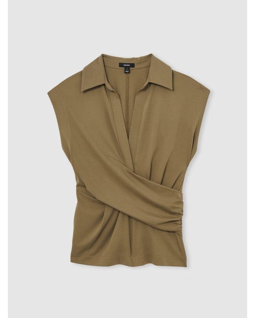 Reiss Brown Stretch-Cotton Wrap-Front Collar Top
