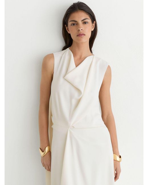 Reiss White Drape-Detail Sleeveless Midi Dress