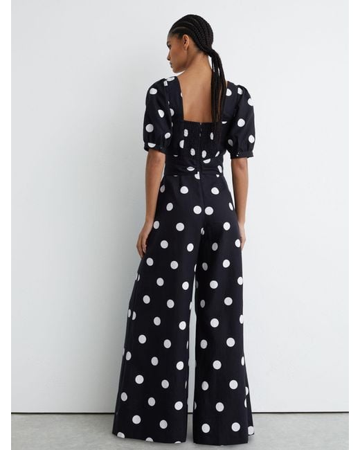 Reiss Blue Linen Polka-Dot Wide-Leg Jumpsuit