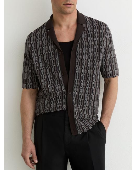 Reiss Black Drake - Brown Wavy-stripe Cuban-collar Knit Shirt, Xxl for men