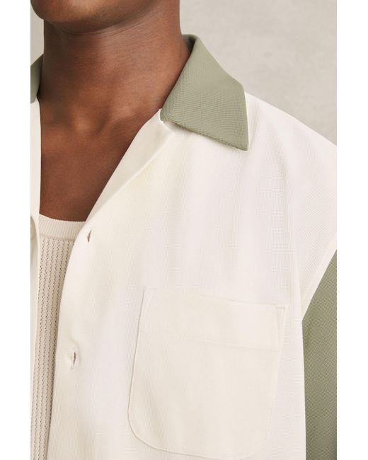Reiss Natural Off & Sage Colour-Block Cuban-Collar Shirt for men