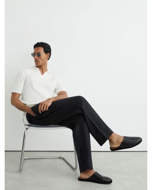 Reiss Black Leather Checkerboard-Embossed Mules for men
