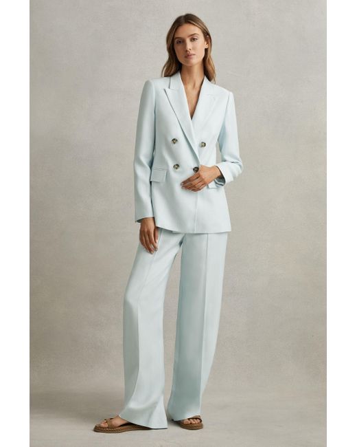 Reiss Gray Lori - Blue Viscose-linen Double Breasted Suit Blazer