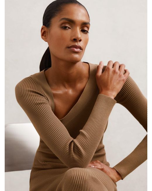 Reiss Brown Asymmetric-Neck Rib-Knit Midi Dress