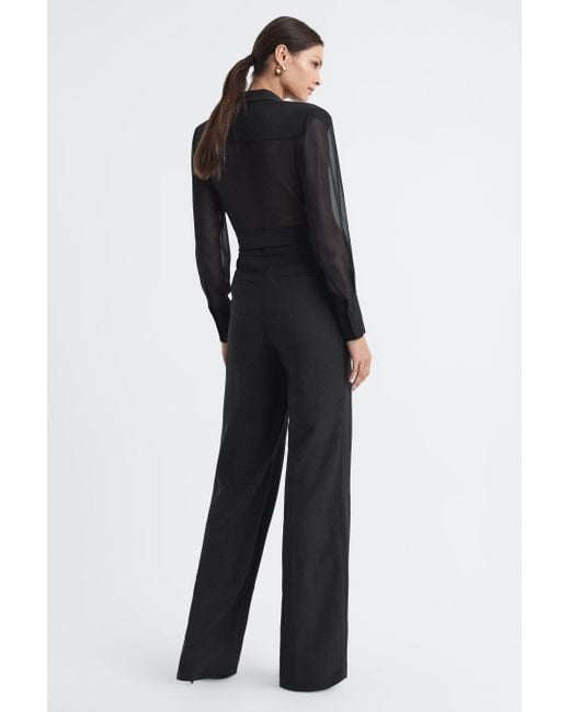 Reiss Blue Flora - Black Petite Sheer Belted Double Breasted Jumpsuit