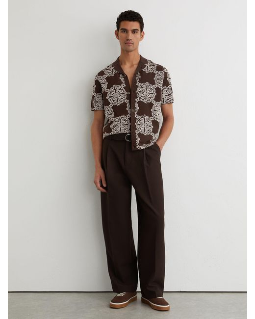 Reiss Brown Tobacco & Jacquard Knit Cuban-Collar Shirt for men