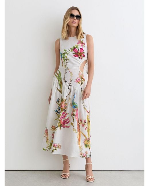 Reiss White Bianca - Ivory Linen Floral-print Cut-out Midi Dress, Us 12