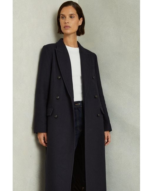 Reiss Blue Florence Double Breasted Coat Wool Plain