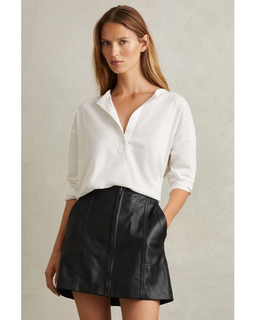 Reiss White Leather Zip-Front Mini Skirt