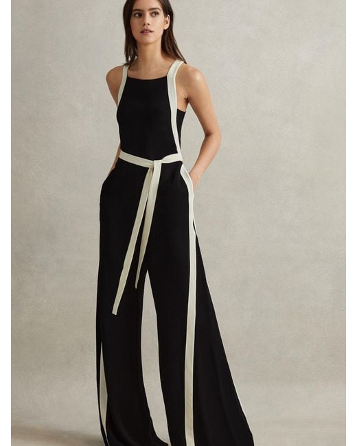 Reiss Black Contrast Trim Belted Jumpsuit