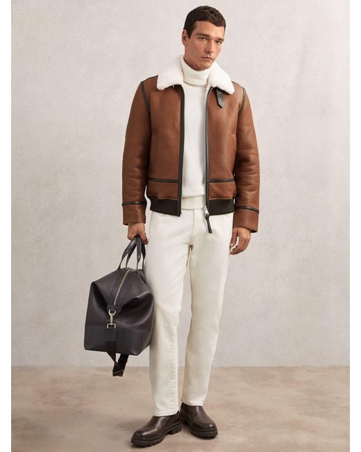 Reiss Brown Leather Shearling-Collar Jacket for men
