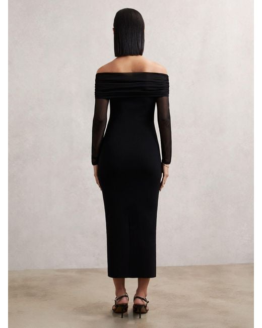 Reiss Black Sheer-Sleeve Knit Midi Dress
