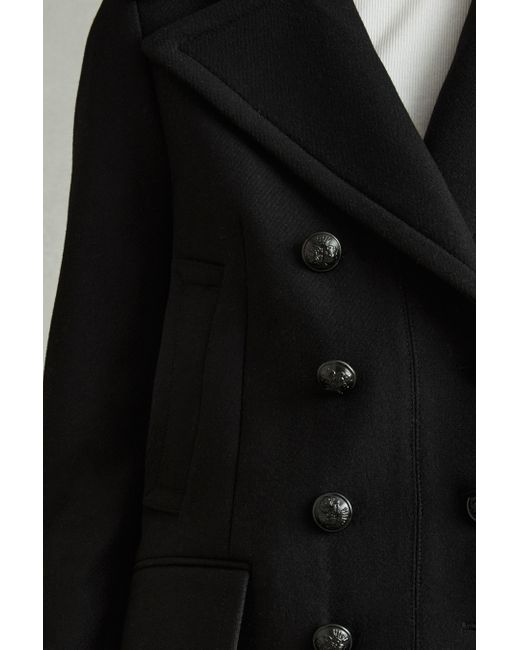 Reiss Black Wool Blend Double Breasted Pea Coat