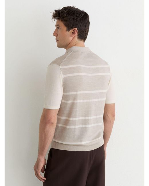 Reiss White Oatmeal & Merino Wool Striped-Knit Polo Jumper for men