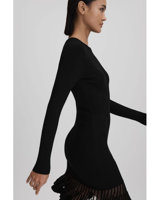 Reiss Teagan - Black Knitted Sheer Flared Mini Dress, M