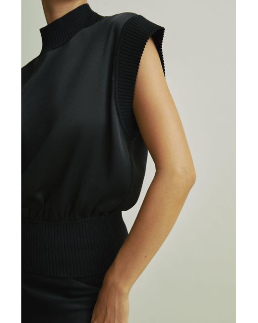 Florere Black Hybrid Satin Knit Cropped Top