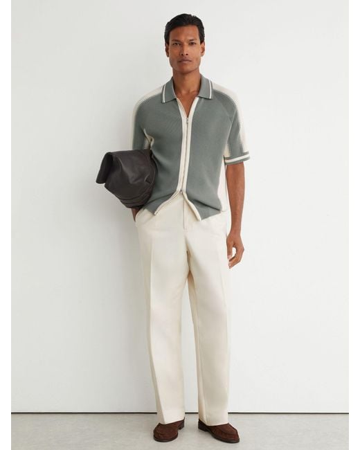 Reiss Gray Sage & Ecru Colour-Block Zip-Through Knit Shirt for men