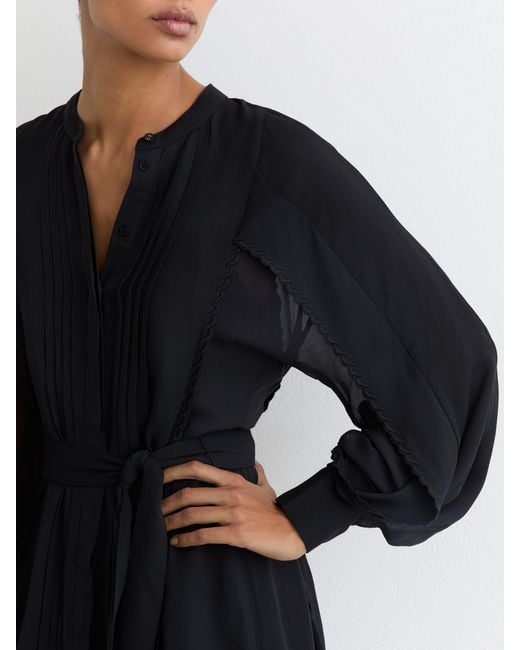 Reiss Black Embroidered-Trim Belted Mini Dress