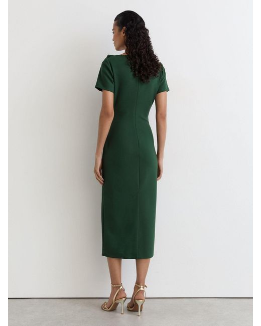 Reiss Hilary - Teal Green Ruched-detail Boat-neck Midi Dress, Us 2