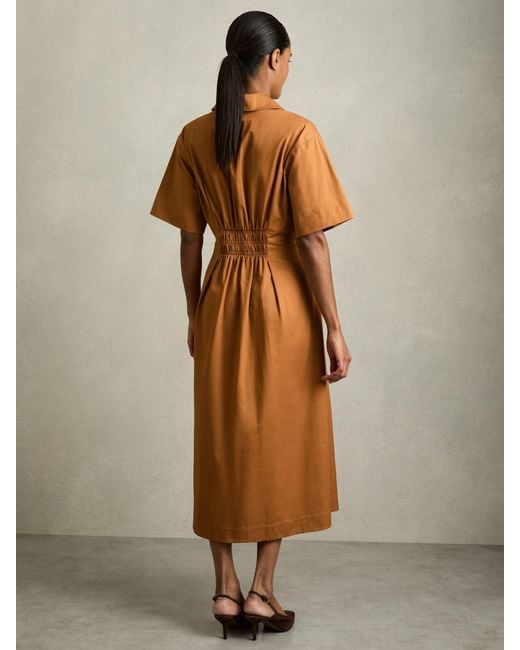 Reiss Brown Aubrey Cotton Pleated-Waist Midi Dress