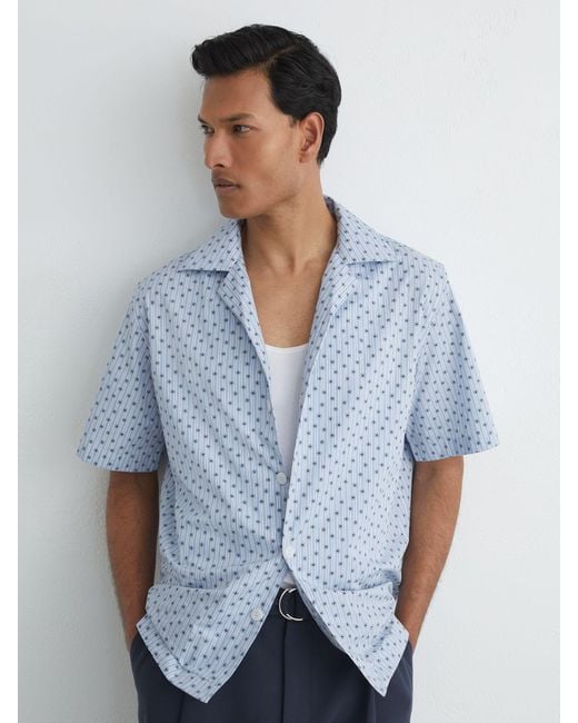 Reiss Blue Cotton Medallion-Print Cuban-Collar Shirt for men