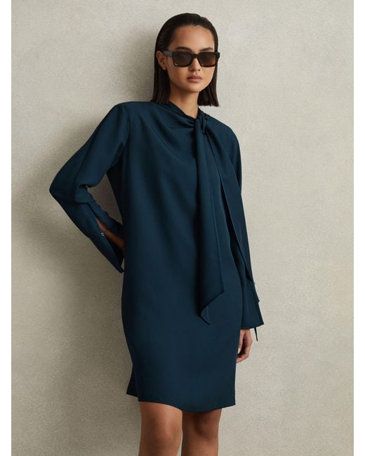 Reiss Blue Tie Neck Belted Mini Dress