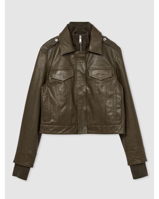 PAIGE Brown Leather Cropped Bomber Jacket