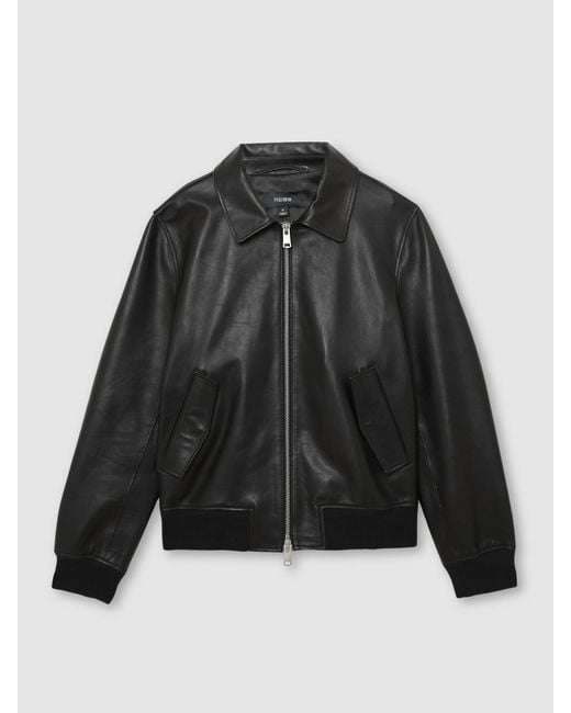 Reiss Black Leather Zip-Through Jacket for men