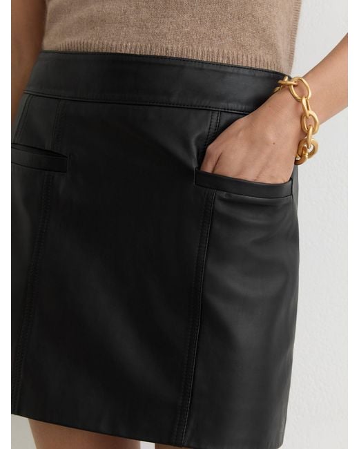Reiss Natural Seema - Black Leather Welt-pocket Mini Skirt, Us 6