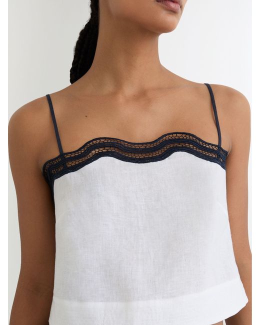 Reiss White Felicity - Ivory/navy Linen Scallop-trim Cami Top, Us 6