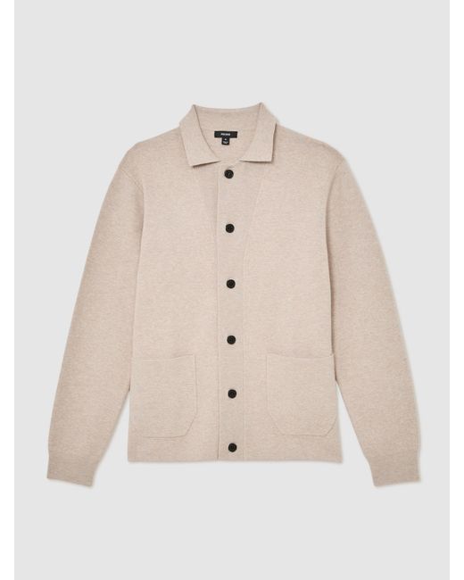 Reiss Natural Plaza - Oatmeal Collared Button-through Cardigan, L for men