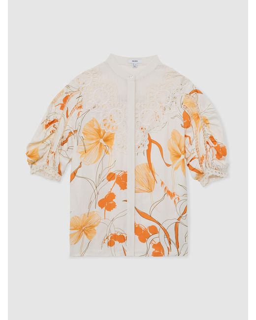 Reiss White Louisa - Ivory/pink Floral-print Lace-trim Blouse, Us 6