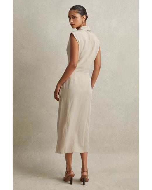 Reiss Natural Yasmin - Neutral Lyocell Linen Wrap Front Midi Dress