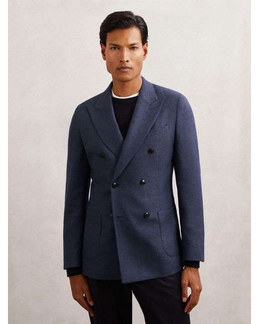 Reiss Blue Wool-Blend Double-Breasted Blazer Slim-Fit for men