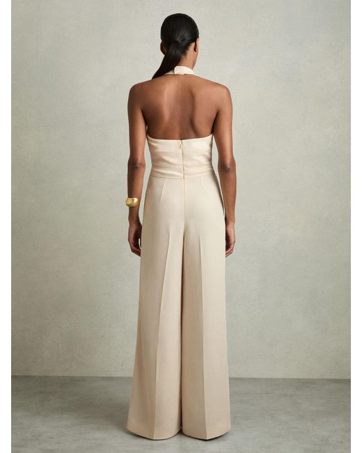 Reiss Natural Viola - Cream Petite Embroidery Halterneck Wide-leg Jumpsuit, Us 8