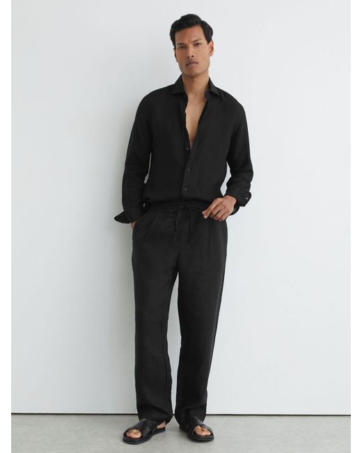 Reiss Black Linen Relaxed-Fit Drawstring Trousers for men