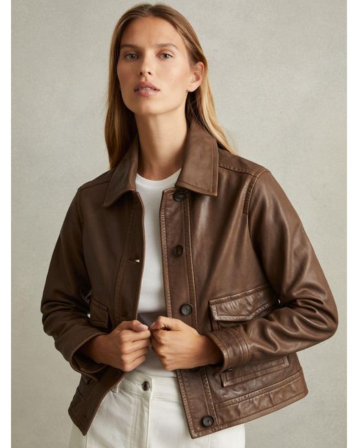 Reiss Brown Hanson Leather Trucker Jacket