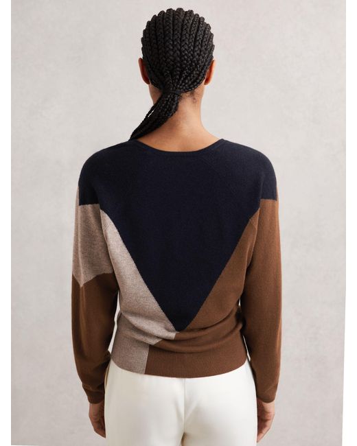 Reiss White Toffee & & Neutral Wool-Blend Colourblock Knit Jumper With Cashmere