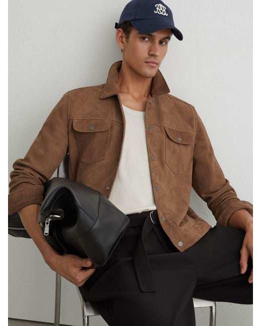 Reiss Brown Suede Press-Stud Twin-Pocket Jacket for men