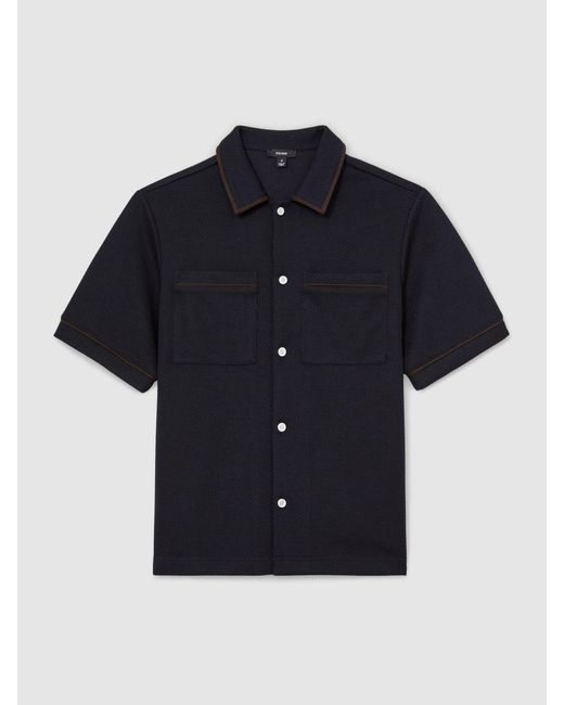 Reiss Blue Textured Piped Short-Sleeve Shirt for men