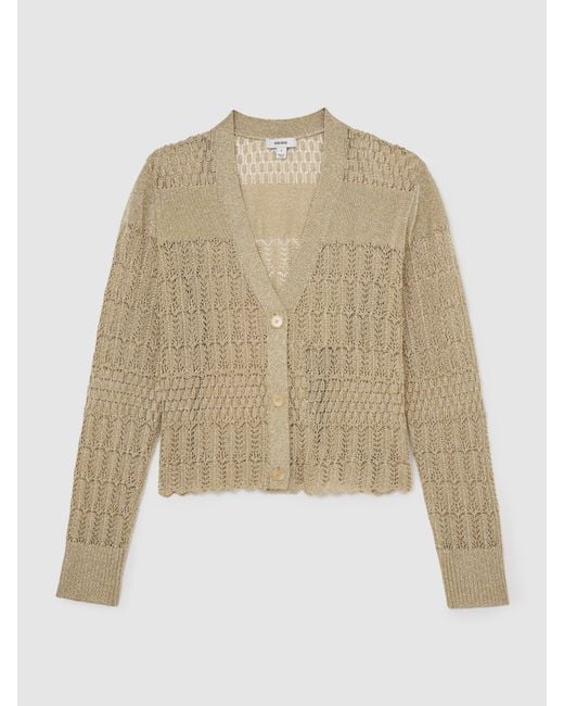 Reiss Suzanne - Gold Metallic Pointelle-knit Cardigan, Xl (us 16-18)
