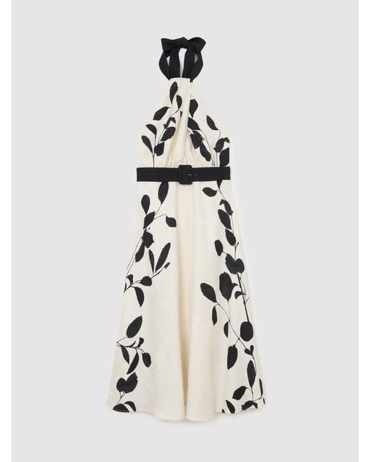 Reiss Natural Jacquard Printed Halterneck Midi Dress