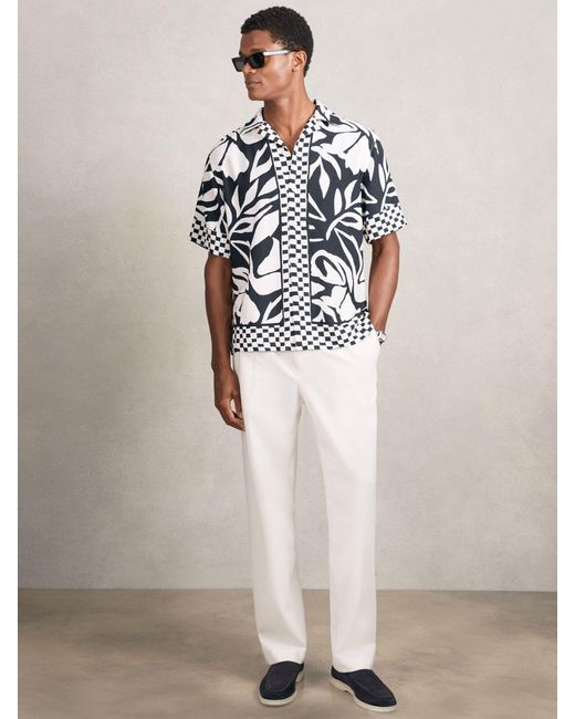 Reiss White Floral-Print Cuban-Collar Shirt for men